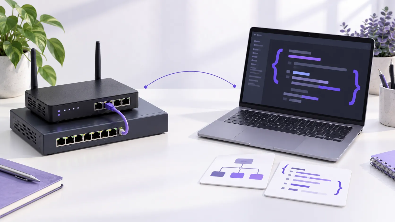 Network equipment and a laptop displaying code represent networking and automation study.