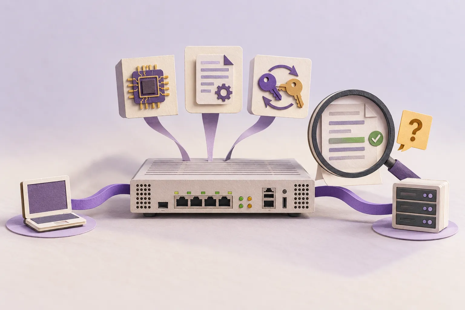 A router connects two endpoints while hardware, software, and key-exchange evidence are inspected with a magnifying glass.